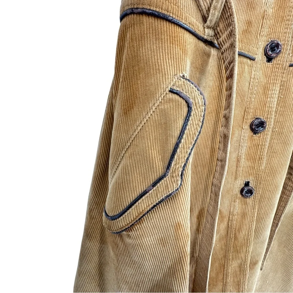 Vintage 70s Women's Trench Coat Corduroy Leather Trim Belted Brown Swing Skirt M - Picture 13 of 15
